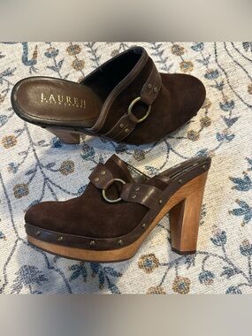 Ralph Lauren Suede Wood-Platform Clog Mules with Brass Ring size 8